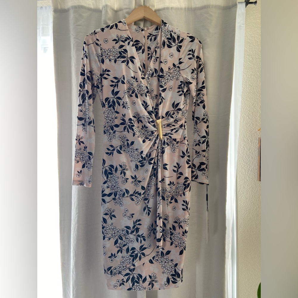 Calvin Klein dress NWT size 8. Long sleeve. Light pink. Black flowers. New